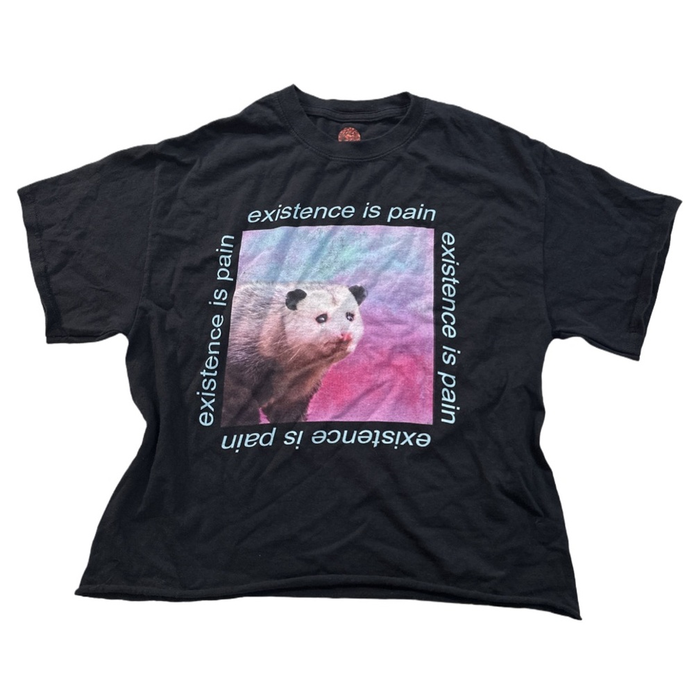 women's black cropped "existance is pain" possum graphic tee, M.